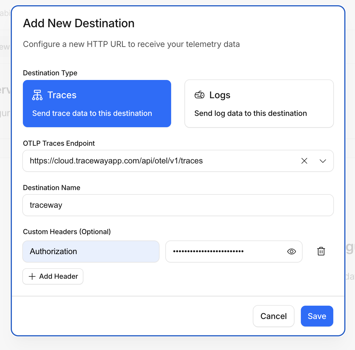 Add Destination form