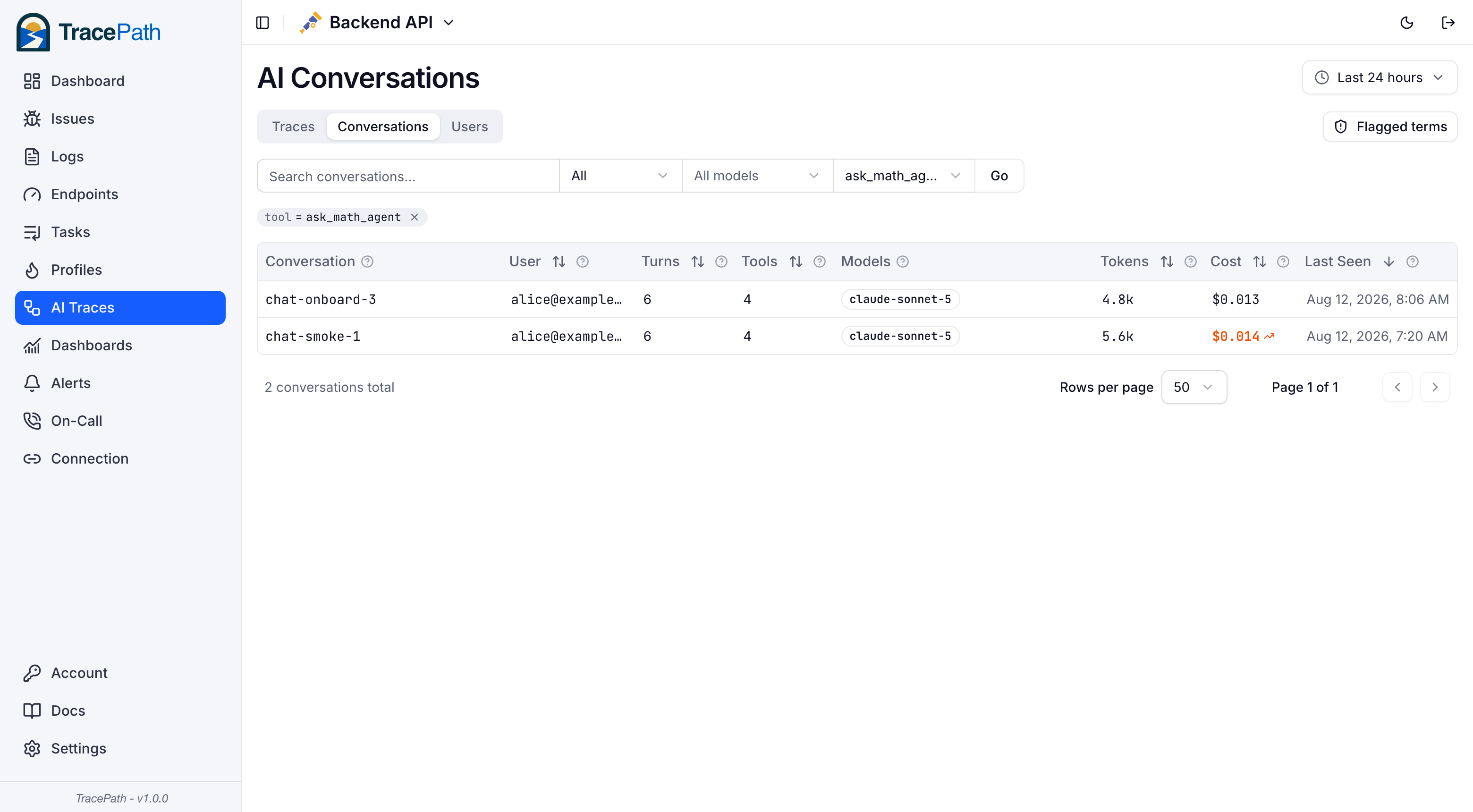 Conversations filtered by tool with a removable filter pill