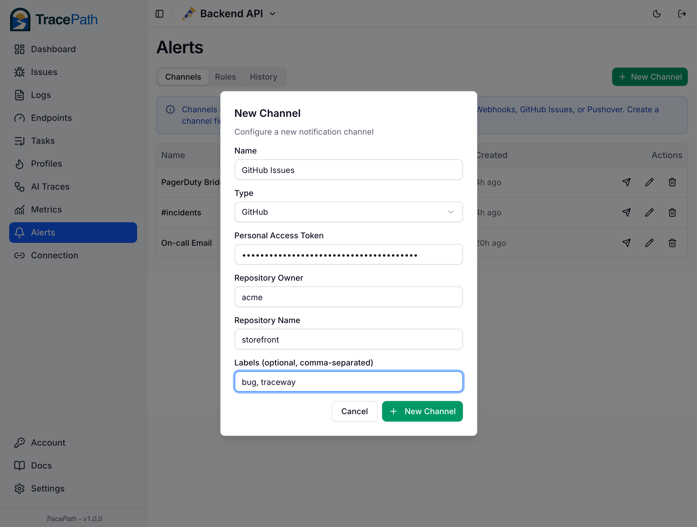GitHub channel configuration dialog