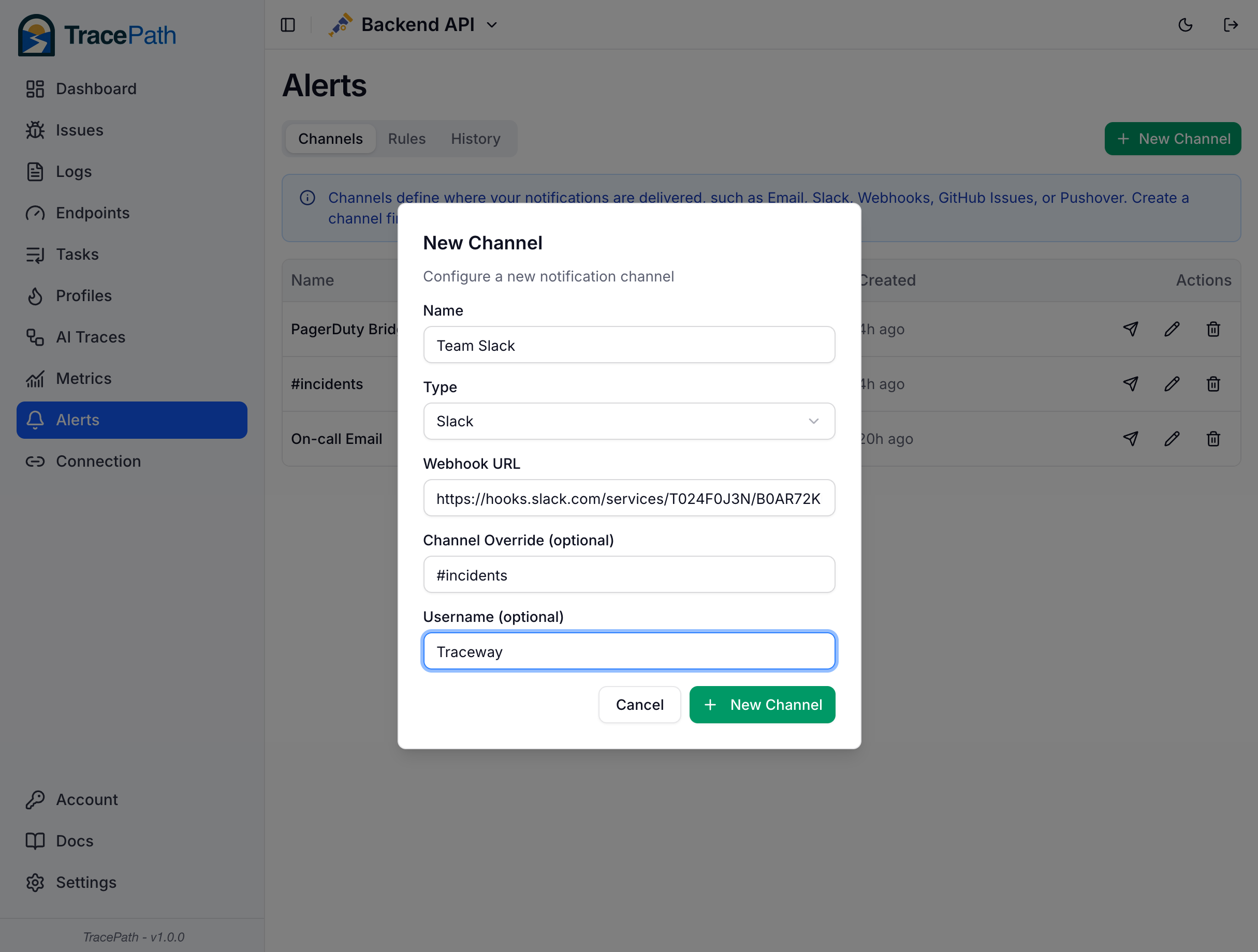 Slack channel configuration dialog