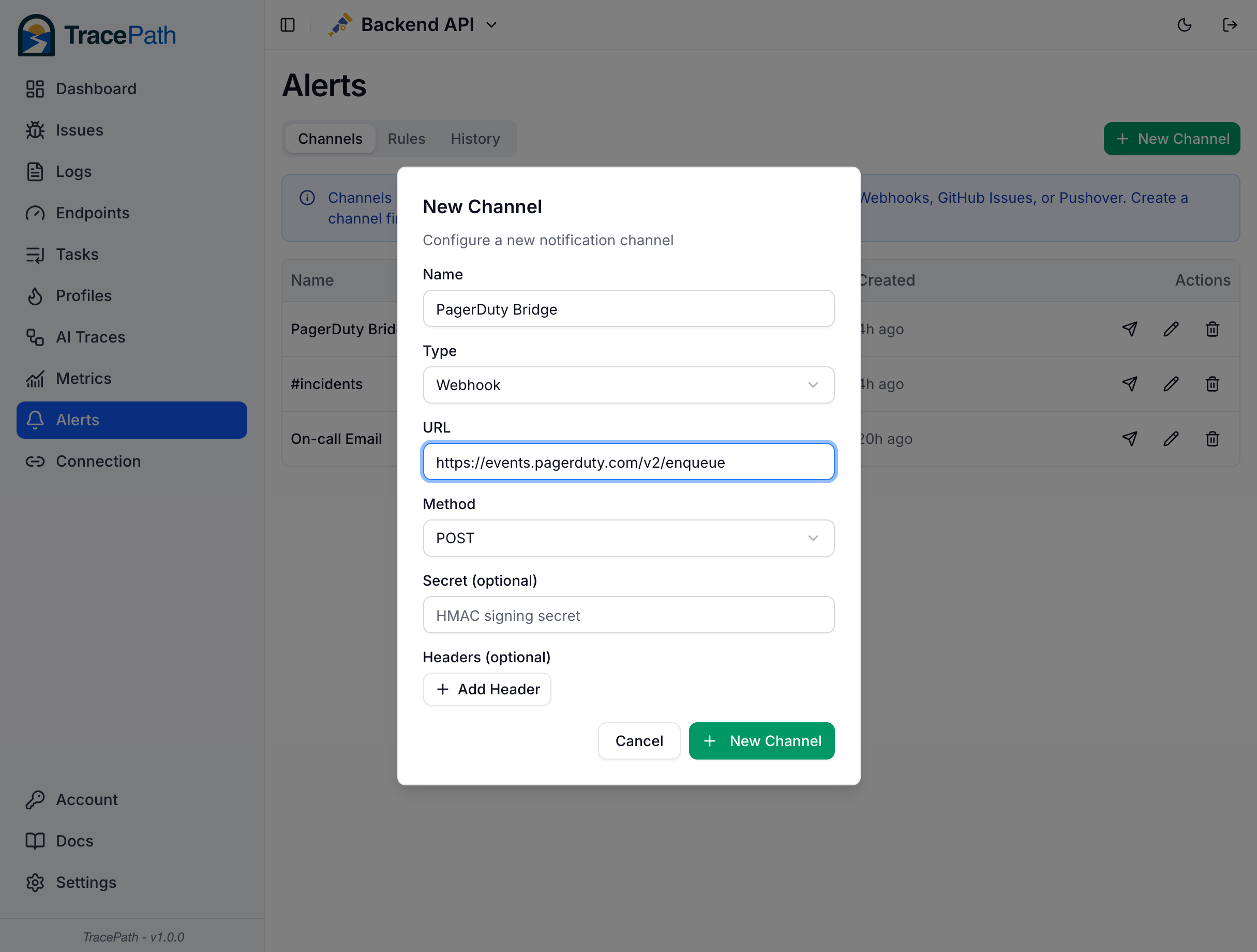 Webhook channel configuration dialog